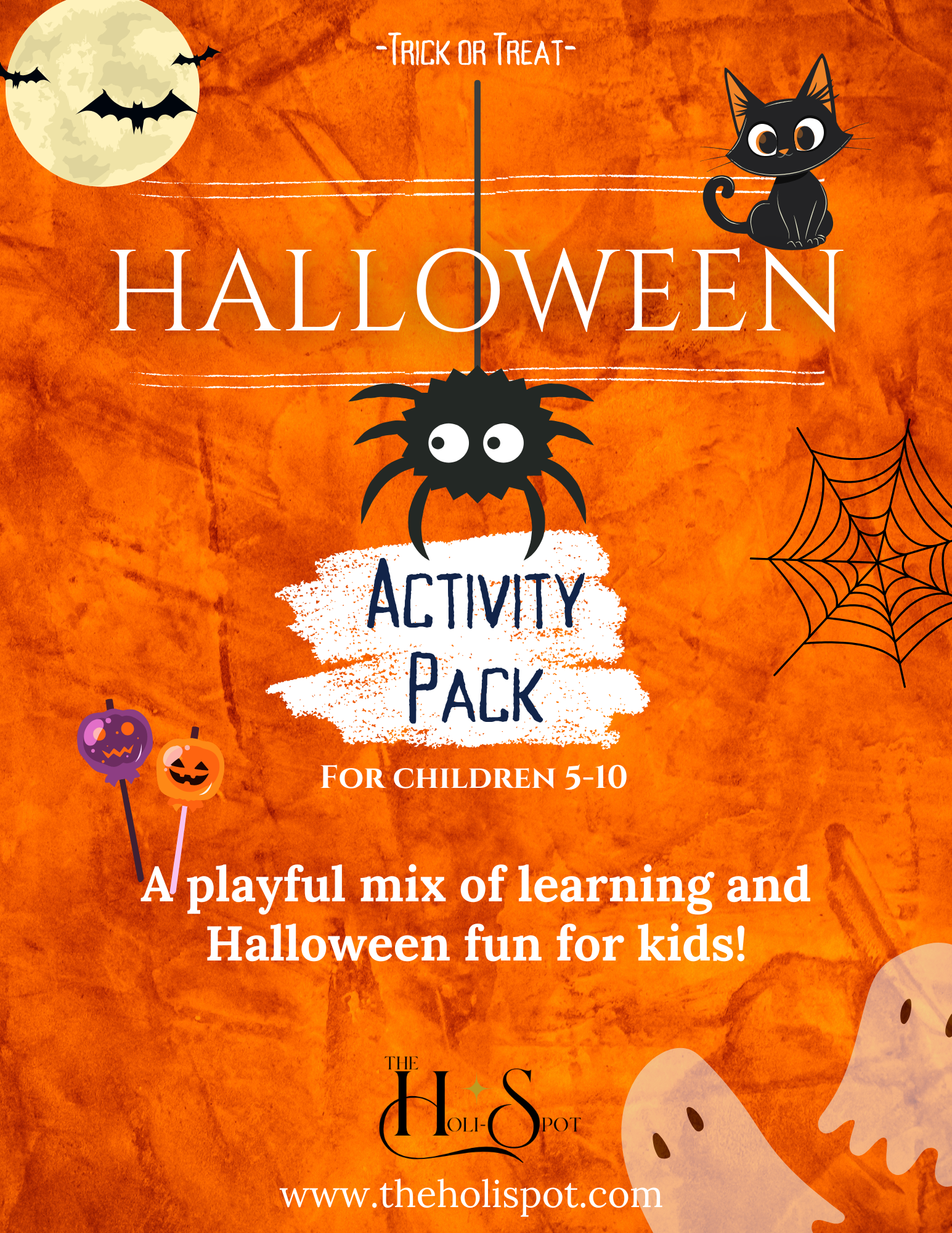 Halloween activity pack for children with spider, ghost, and pumpkin illustrations on an orange background.