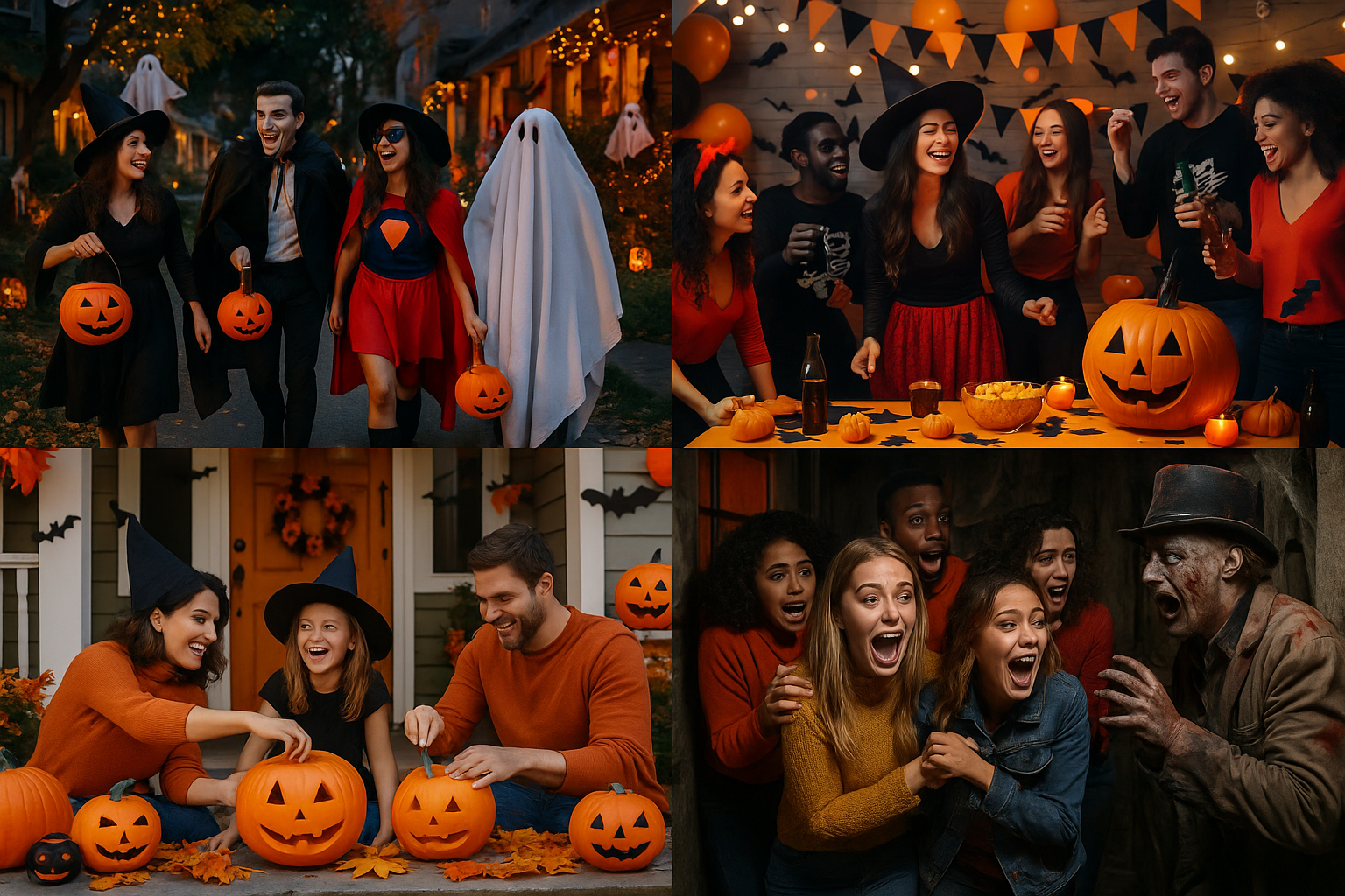 Generafe a 4 photo collage, In each photo people will be celebrating Halloween
